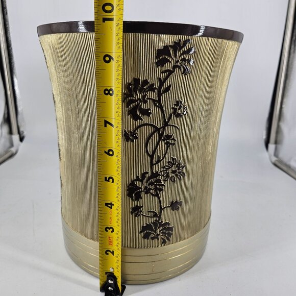 Ceramic Trash Garbage Can 10" Round Gold Brown Ribbed Floral Rustic Asian MCM - Picture 12 of 13